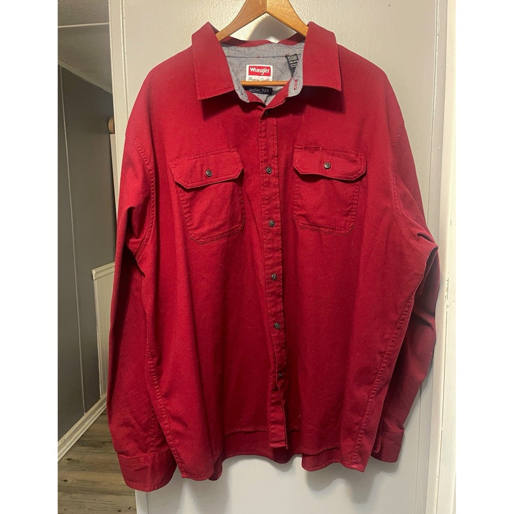 Wrangler Comfort Flex Solid Red Long Sleeve Button Up Shirt Pockets Men's 3XL